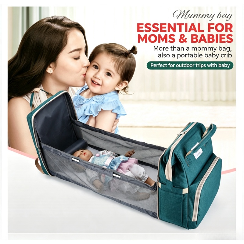 Baby Nursery Backpack - Ruime luiertas met verschoningsmat, opvouwbaar babybedje
