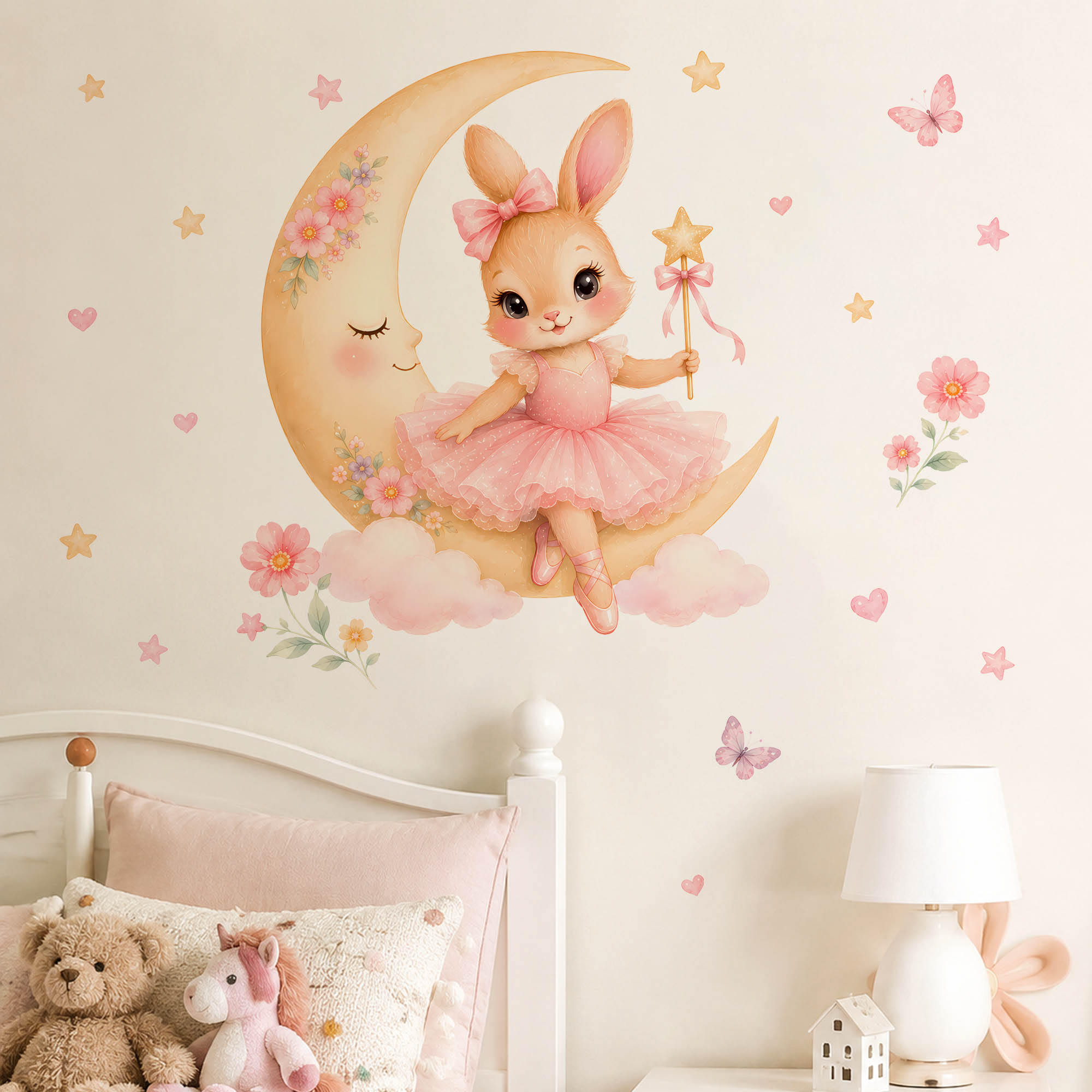 Baby Nursery Decor Ideas - Waterverf Ballerina Konijn Maan Wandstickers Roze