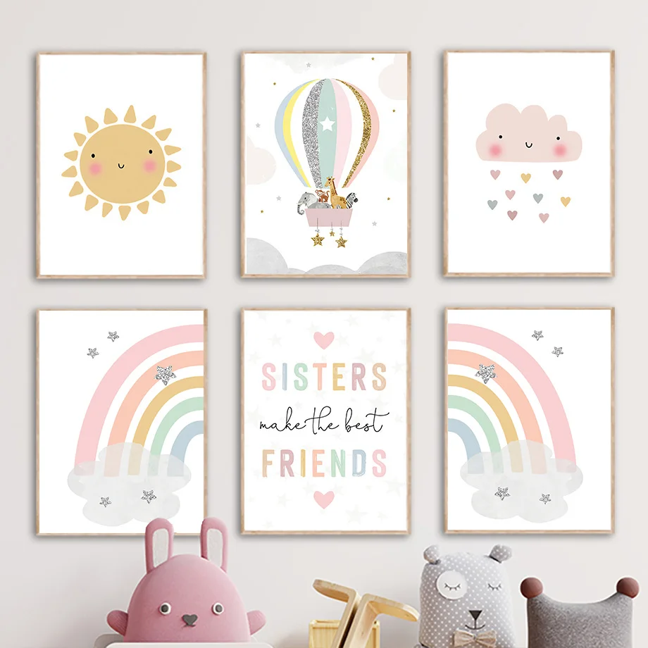 Baby Name Wall Art - Giraffe Olifant Heteluchtballon Zon Regenboog Kinderkamer