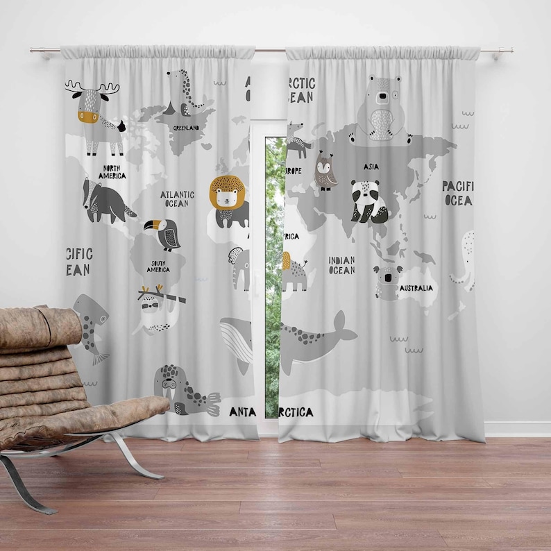 Baby Nursery Blackout Curtains - Wereldkaart Kinderkamer Gordijnen Safari Dieren Kinderen