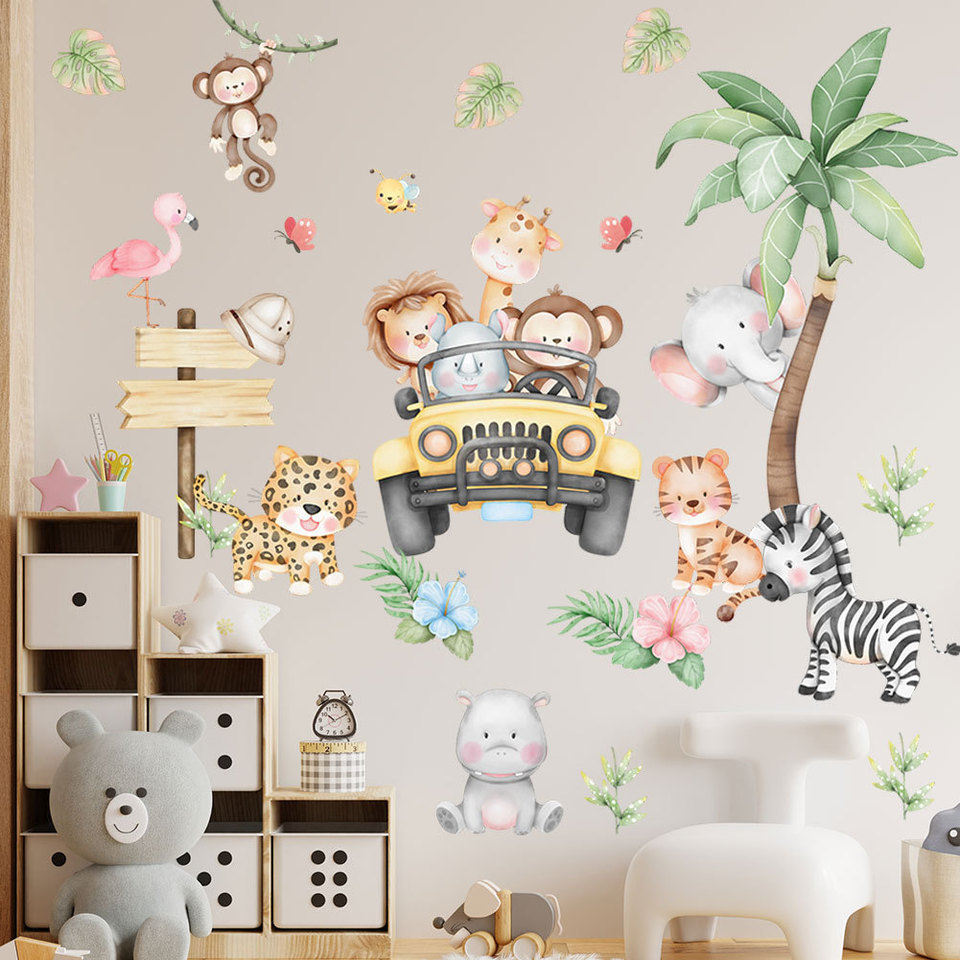 Baby Zoo Nursery - Kinderkamer cartoon olifant giraf boom muursticker
