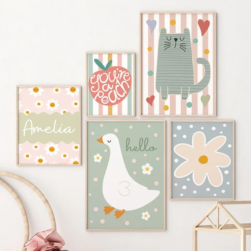 Baby Name Wall Art - Cartoon Kat Eend Vogel Appel Custom