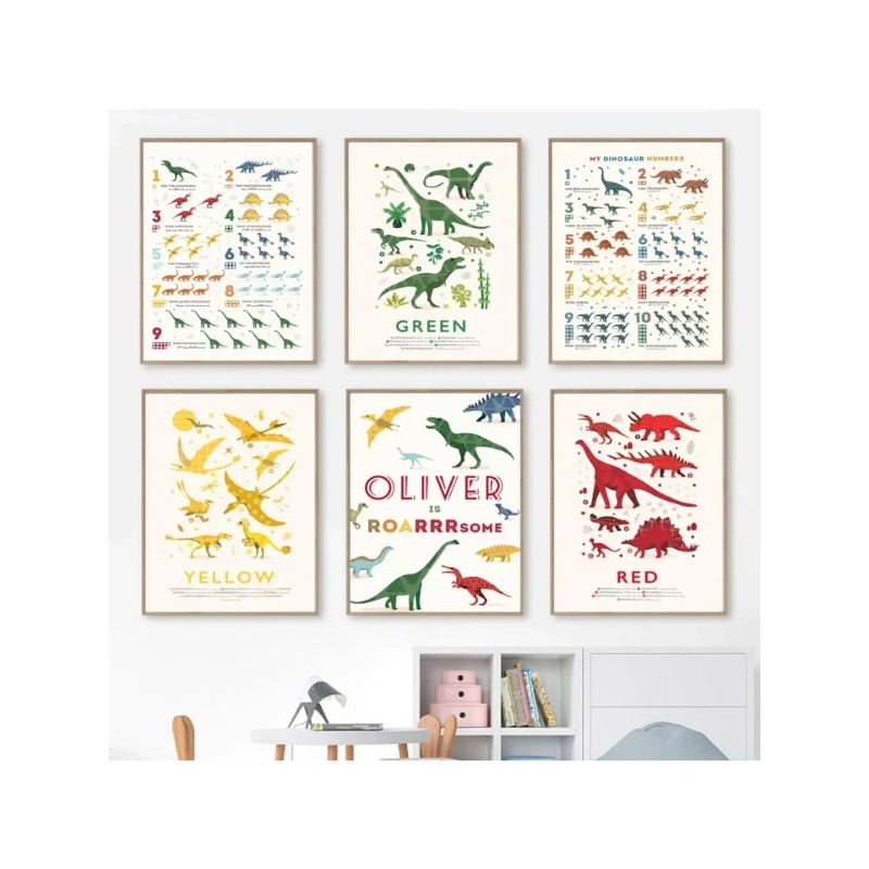 Baby Name Wall Art - Dinosaurusnummers Educatief ABC Alfabet Aangepaste naam