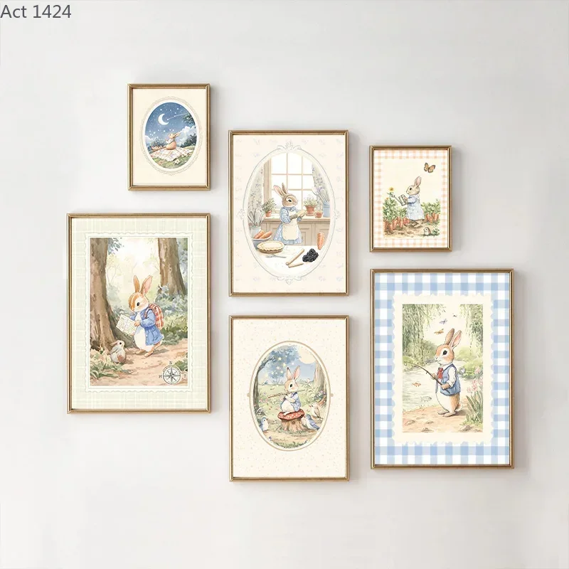 Baby Nursery Vintage Decor - Vintage Boho Blauwe Ruitjes Konijn Geïnspireerde
